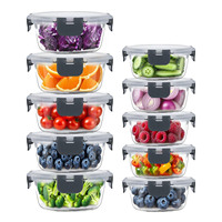 Lot de 10 contenants alimentaires en verre avec couvercles, ensemble de contenants de préparation des repas en verre hermétiques et étanches, boîtes à lunch en verre réutilisables