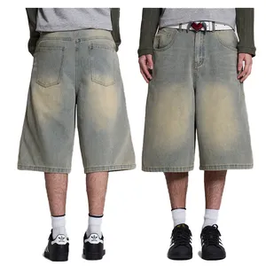 2024 summer Custom vintage Washed loose men jorts 100% Cotton Baggy Oversized Denim Shorts Hip Hop High Waist Denim Shorts pants