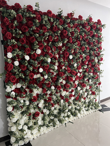 Mur de fleurs artificielles en gros d'usine, 8 pieds, blanc et rouge, panneau mural de fleurs enroulable, toile de fond en <span class=keywords><strong>soie</strong></span> rose pour décoration de mariage - Product Image 2
