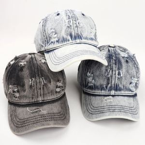 Vintage Washed Denim Baseball Cap Men's Soft Adjustable Summer 6-Panel Curved Sunshade Ripped <b>Leaf</b> Design Fashionable High - Product Image 2