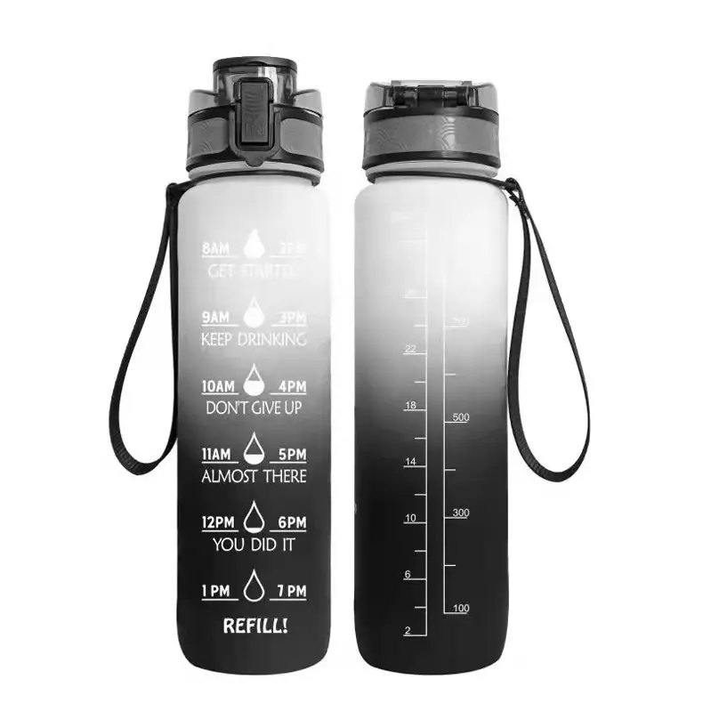 Botol air plastik, gratis BPA galon 32oz penanda waktu sedotan luar ruangan PC Tritan motivasi olahraga botol air plastik