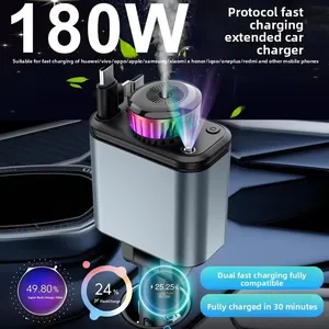 ที่ชาร์จในรถยนต์ 120W 5-in-1 สายชาร์จแบบยืดหดได้ PD 30W พร้อมโวลต์มิเตอร์ดิจิตอล ไฟสตาร์ไลท์ สำหรับ IOS และ Android - Product Image 1