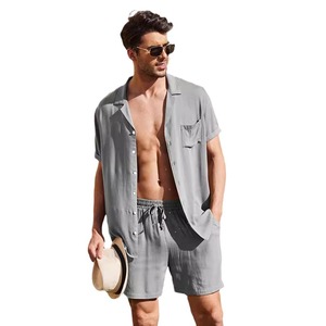 Camicia di <span class=keywords><strong>lino</strong></span> abiti corti da <span class=keywords><strong>uomo</strong></span> <span class=keywords><strong>spiaggia</strong></span> 2 pezzi Casual abbottonatura - Product Image 3