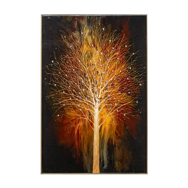Pintura al óleo abstracta pintada a mano, pintura colgante de árbol dorado, pintura decorativa de cristal moderno
