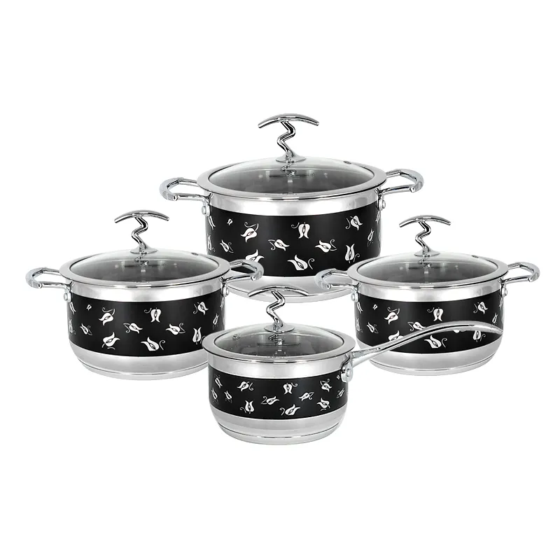 Đẹp trai Cookware sets 8 Piece Glass Nắp cảm ứng dưới cấp thực phẩm thép không gỉ nấu ăn chậu và chảo