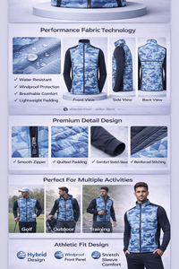 Veste de sport hybride pour homme en tissu technique personnalisé, légère, coupe-vent, respirante, matelassée, camouflage - Product Image 2