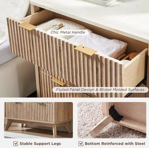 طاولة جانبية من خشب البلوط الطبيعي صديقة للبيئة بتصميم محزز، طراز منتصف القرن العصري، طاولة تخزين بثلاثة أدراج لغرفة النوم وغرفة المعيشة وغرفة الطعام - Product Image 3