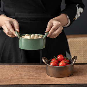 Bol en céramique à double poignée, glaçure craquelée, fait main, style Wabi Sabi, pour fruits et en-cas, usage domestique - Product Image 1