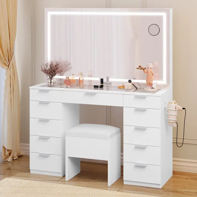 Table de toilette de maquillage de luxe personnalisée tiroir de rangement coiffeuse commode à miroir avec lumière