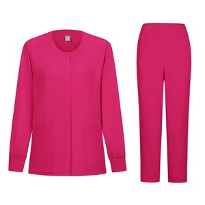 Women's Scrub Set Long Sleeve Cardigan Top And Pants Moisture Wicking Knitted Split Uniform Hospital Workwear - Product Image 2