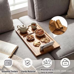 Wooden Sofa Tray Rectangular Snack Plate Solid Wood Living Room Couch Table For Home Use With Phone Stand And Cup Holders - Product Image 3