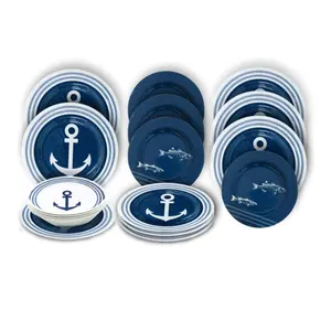 Unbreakable 12 Pieces Blue Melamine Dinnerware Set Marine Style Melamine Dinnerware Sets for Indoor and Outdoor Use