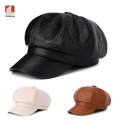 Wholesale Custom Women Plain PU Leather Hats British Retro Octagonal Hat Lady's Autumn And Winter Painter's Hat Pu Beret