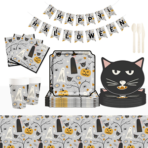 DAMAI Halloween Theme Black Cat Bumpkin Little Ghost Disposable Party Paper Plates Napkins Cups Party Disposable Tableware Set - Product Image 2