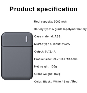 <span class=keywords><strong>Batterie</strong></span> Li-Polymère Personnalisée RoHS CE de Grade A, Powerbank Cadeau, 5V/2A Type C, Portable, Petite, Fine, 5000mAh, Super Mini Power Bank - Product Image 6