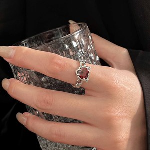 S925 Sterling Silver Red Heart Zircon <b>Ring</b> <b>Adjustable</b> Opening Women's Everyday Wear Fine Jewelry - Product Image 1
