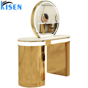 Espejo de pie de acero inoxidable KISEN para salón de belleza con estantes de almacenamiento y diseño contemporáneo para barbería. - Product Image 6