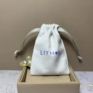 Recyclable Custom Logo Flap Necklace Earring Printed Drawstring Cotton Canvas Jewelry Bag Small Canvas Gift Jewelry Pouch