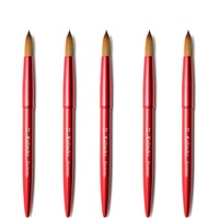 Kuas Kuku Rambut Kolinsky Berkualitas Mewah Sangat Tebal, Ferrule Berkerut, Gagang Logam Merah, Kuas Lukis Kuku Akrilik 10pcs