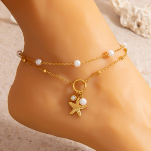 Chaîne de cheville en acier inoxydable double couche avec breloque étoile de mer et perles pour femme, ornement de pied de plage - Product Image 4