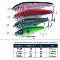 Leurre de pêche à la traîne à descente lente de 75 mm, 90 mm, 120 mm, 150 mm, pour la pêche au musky, au brochet, au slider, au black bass