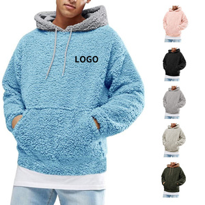 Custom Logo Embroidered Mens Plus Size Hoodie Fluffy Sherpa Fleece Pullover Oversized Winter Pockets Streetwear Warm Sweatshirt