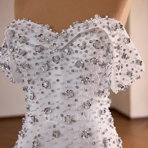 Robe de mariée sirène de luxe RSM261043 avec fleurs drapées en cristal, épaules en dentelle, dos en dentelle, traîne chapelle, 100% soie, longueur ras du sol - Product Image 5