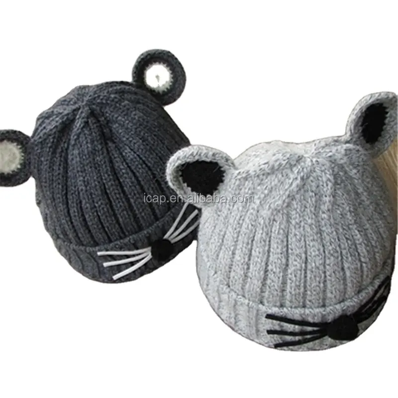 秋と冬の暖かい編み物ウールの帽子で厚く漫画の頭のバラクラバと赤ちゃん猫の耳の帽子セットの女の赤ちゃん