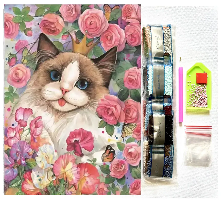 어린이를위한 맞춤형 도매 고양이와 꽃 다이아몬드 페인팅 키트 성인 5D 라운드 전체 드릴 벽 장식 가정용 아트 페인팅