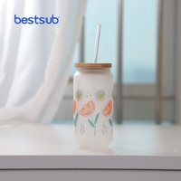 En gros, Gobelet en verre givré de 18oz 550ml, vierge pour sublimation, en forme de canette, pour eau, cola, vin, avec couvercle et paille, pour les fêtes