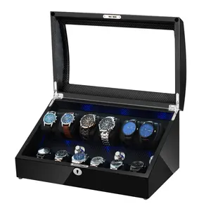Roladores triplos mdf relógio de madeira, enrolador, led, luz, relógio, caixa de armazenamento para 6 + 6 relógios