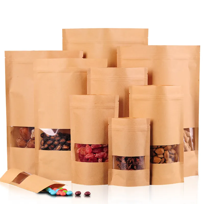 Пакет из крафт-бумаги разной емкости с окном и молнией от производителя для пищевых продуктов, муки, чая, риса, порошка, печенья