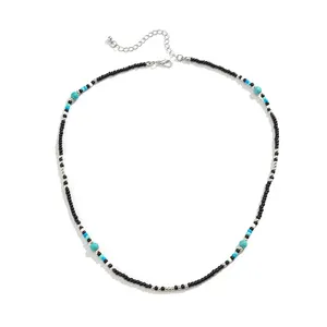 Charm Vnox Black Plastic Rice Bead Blue Turquoise Steel Color Beaded Necklace for Women