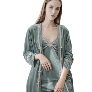 Completo da donna <span class=keywords><strong>Sexy</strong></span> in quattro pezzi in velluto con pigiama con scollo a v in pizzo Condole per donna - Product Image 1