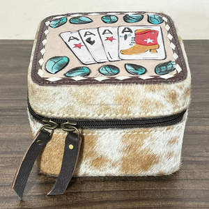 2026 Western Playing Cards Design <b>Hair</b> On Cowhide Leather Jewelry Cases Premium Hand Tooled Leather Zipper Travel Organizer <b>Box</b> - Product Image 4