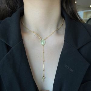 Collar Dylam Dainty Daily Jewelry con Cadena de Cuentas, Doble Colgante en Forma de Cruz, Plata de Ley 925, Virgen María, San Benito - Product Image 4