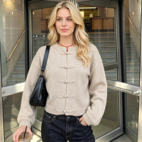 Cardigan en tricot ample à col rond et manches longues pour femme avec boutons chinois (personnalisable)