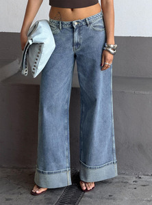 Women's Mid Straight Jeans Y2K Casual Sexy Vintage Wash Rhinestone Embellished Rolled Cuff Baggy Denim - Product Image 6