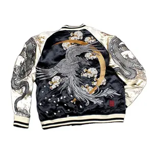 Wholesale Sakura Embroidery Legendary Creatures Phoenix Souvenir Luxury Softshell Satin Bomber Jacket For Men
