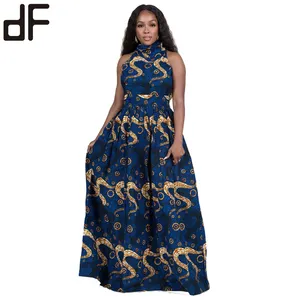 New Style Kente Wax African Kitenge Dress Designs Halter Neck Sleeveless Women Ethnic Clothing African Dashiki Dress With Belt