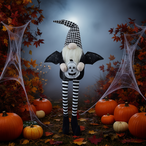 Gnomo Nero con Ali e Cappello a Quadri, Decorazione di Halloween, Figura in Tessuto Seduta 4.3x3.5x23.5 Pollici - Product Image 2