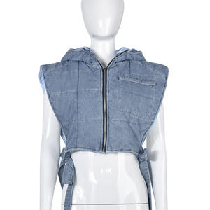 D0702MJ20 nouveauté Denim coton lavé à capuche sans manches Cargo court décontracté doublure tissé femmes gilet Sehefashion - Product Image 5