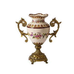 Vase à fleurs en laiton fait main-Décor d'hôtel en émail blanc peint à fleurs - Product Image 1