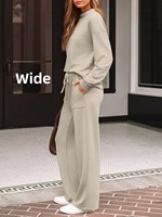 Ensemble de survêtement deux pièces personnalisé OEM pour femme : hauts à col roulé simulé et pantalon large à cordon de serrage avec poches