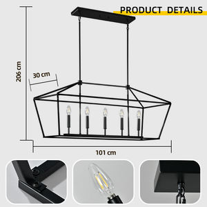 Lámpara Colgante Industrial Rectangular de 5 Luces, Estilo Candelabro, Color Negro, Ajustable, para Isla de Cocina, Comedor, Pasillo, Bar - Product Image 3