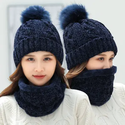 D1831 Hot Sale Mùa Đông Ấm Dày Len Pom Pom Beanies Phụ Nữ Dệt Kim Khăn Mũ