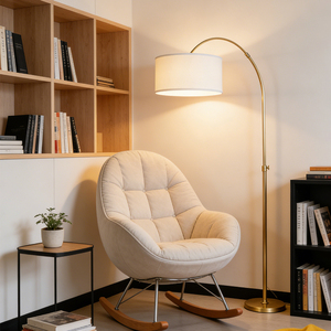 Custom Arc Floor Lamp for Living Room Modern Minimalist Home Decor Brass Metal <b>Stand</b> Fabric Drum Shade Simple Fabric Floor Lamp - Product Image 1