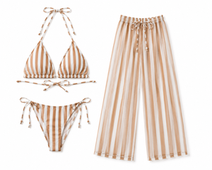 Striped Halter <b>Bikini</b> <b>Set</b> Sheer Beach Pants Swimwear <b>Triangle</b> Two Piece Swim Outfit - Product Image 2