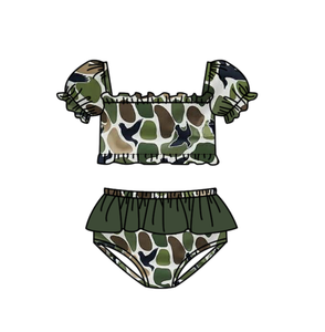 S0748 Maillot de bain personnalisé pour petite fille active, imprimé camouflage vert, vente en gros, ensemble de maillots de bain sans manches pour enfants - Product Image 2