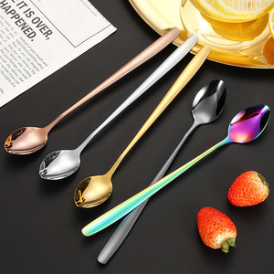 Cuillère à café à long manche en acier inoxydable, agitateur de dessert réutilisable, couleur unie, forme ronde, pour mélanger le thé, le lait et les boissons - Product Image 2